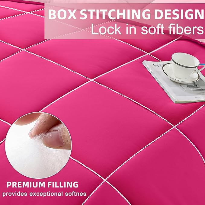 FUANNA California King Comforter Set 7 Pieces, Reversible Bedding Sets with All Season Soft Comforter, Bed in a Bag with Comforter, Flat Sheet, Fitted Sheet, Pillowcases & Shams, Hot Pink & Pink