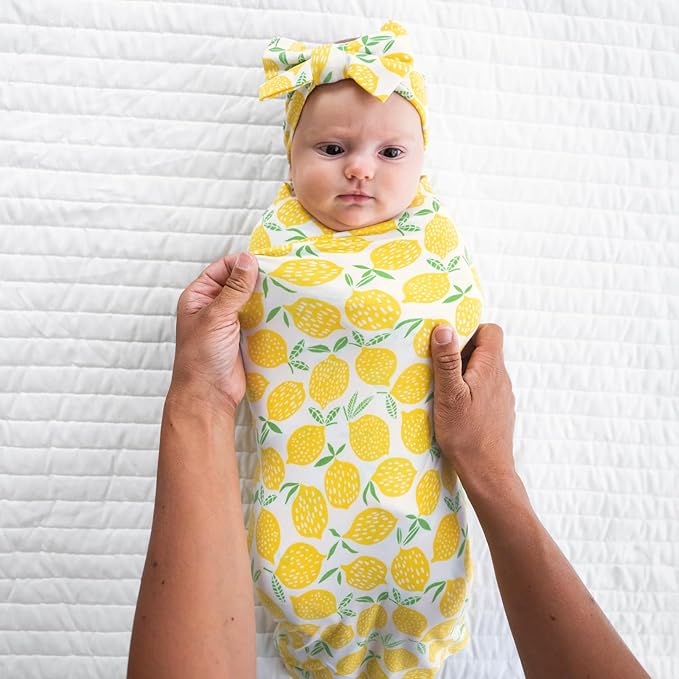 Little Sleepies Swaddle & Headband Bow Set, Viscose from Bamboo Baby Swaddles, Newborn Baby Girl Clothes (Lemons)