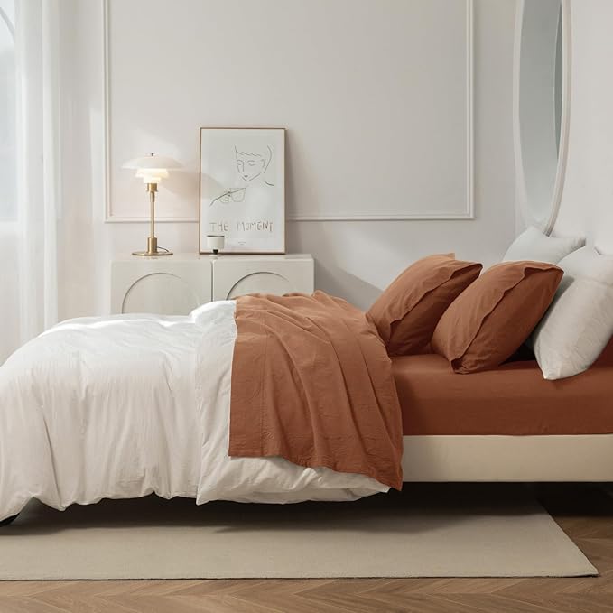 JIYUAN 100% Washed Cotton Sheet Set 4 Pieces Full,1 Fitted Sheet,1 Flat Sheet and 2 Pillowcases,Comfy and Breathable Linen Like Bedding Set,Burnt Orange
