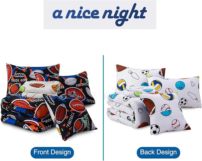 A Nice Night Boys Rugby Balls Comforter Set 6-Piece Bed-in-a-Bag with Sheet Set, Full Size Polyester Bedding Collections for Kids,Red Black