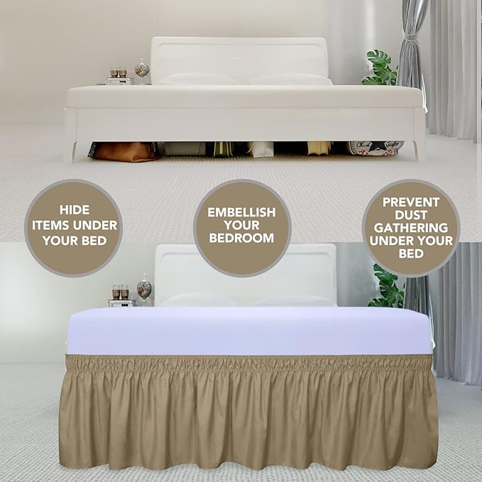 PureFit Wrap Around Ruffled Bed Skirt with Adjustable Elastic Belt - 14 Inch Drop Easy to Put On, Wrinkle Free Bedskirt Dust Ruffles, Bed Frame Cover for Queen, King and C-King Size Beds, Camel