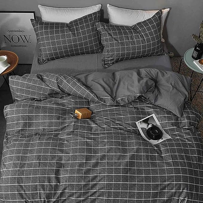 Nanko Queen Duvet Cover Set Black Grid Geometric 3 Pieces 90x90 Luxury Microfiber Quilt Bedding Cover with Zipper Closure, Ties - Organic Modern Style for Men and Women, Plaid