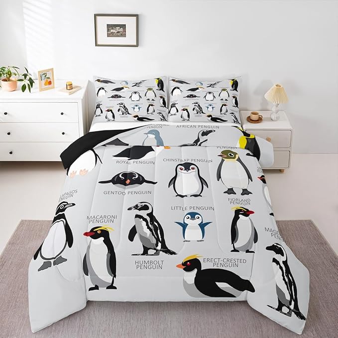 Erosebridal Penguin Comforter Set Queen Size,Black White Penguins Bedding Set Cute Animal Down Comforter for Kids Boys Girls Teens,Wildlife Grey Bedding Quilted Sets with 2 Pillow Cases Bedroom Decor