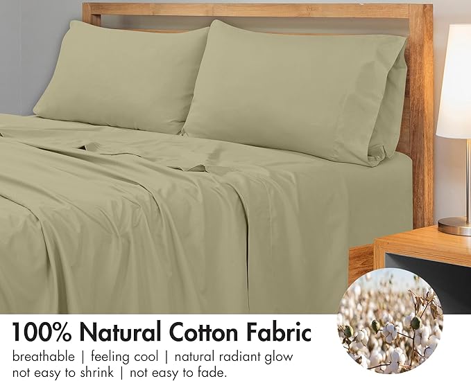 Royale Linens 300 Thread Count 100% Long Staple Combed Cotton Flat Sheet - Super Soft - Top Sheets - Queen Flat Sheet Sold Separately - Breathable, Cool & Crisp Percale Sheets Only (Queen, Sage Green)