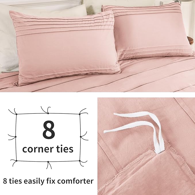 NEXHOME PRO 100% Washed Cotton Duvet Cover Queen Size, Pleated Textured Duvet Cover Set Light Pink, 3 Pieces Bedding Set with Zipper Closure, Soft, Lightweight and Breathable (90"x90", No Comforter)