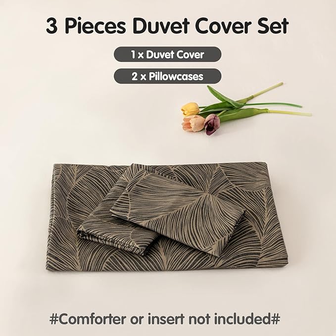 Lekesky King Size Duvet Cover Set, Reversible King Comforter Cover with Tropical Leaves Pattern, Soft 100% Washed Microfiber 3 Pieces Khaki Bedding Set with Zipper and 2 Pillowcases
