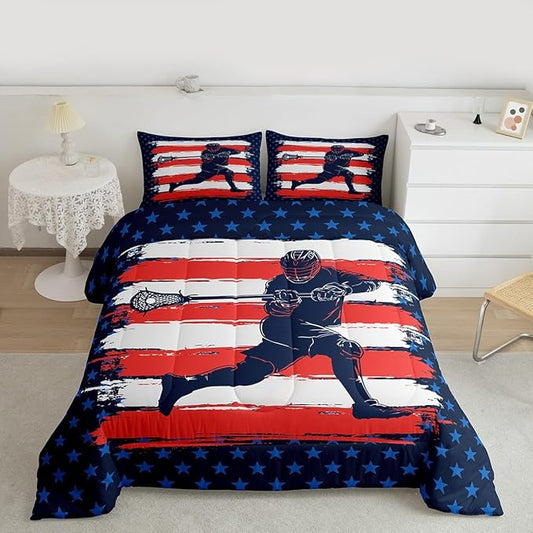 Lacrosse Comforter Set Full Size Boys Gilrs American Flag Sports Theme Bedding Set for Kids Adults Ultra Soft Lacrosse Player Games Comforter Navy Blue Duvet Set Room Decor Quilt Set