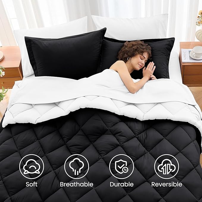 MUXHOMO 7 Pieces Full Comforter Set, Reversible Bed in a Bag Full Size, All Season Bedding Set with Comforter, Flat Sheet, Fitted Sheet, Pillowcases & Shams, Black & White