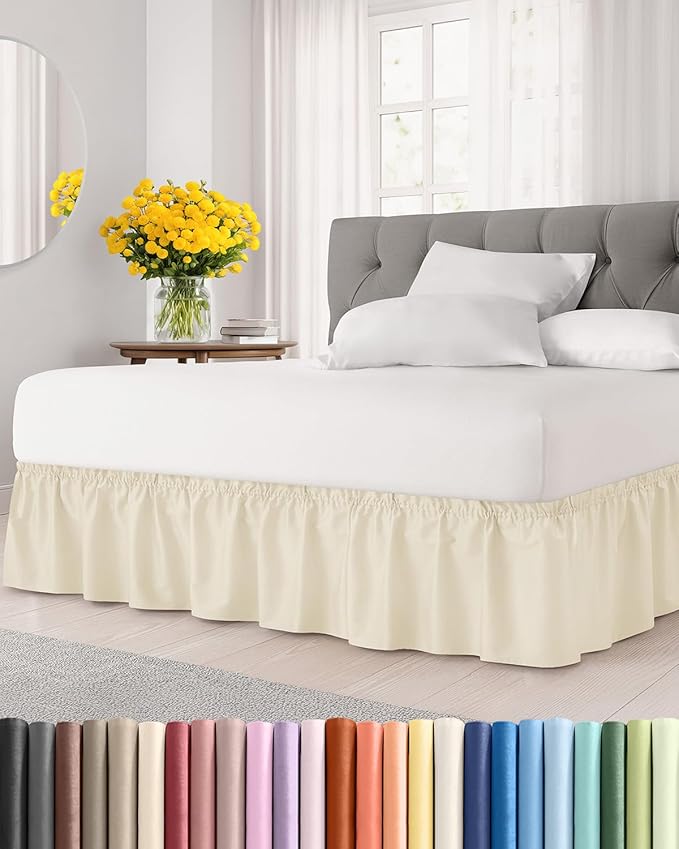 Wrap Around Dust Ruffle Bed Skirt - Off White - for Full Size Beds w/ 15 Inch Drop - Easy Fit Elastic Strap - Adjustable Pleated Bedskirt w/Brushed Fabric - Wrinkle Free - Women, Men, Kids & Teens