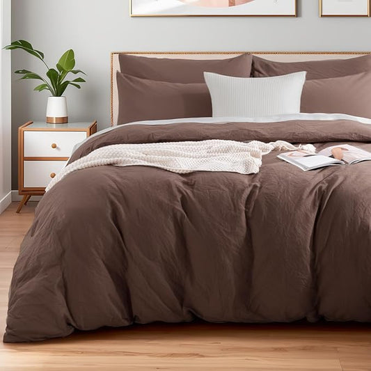NEXHOME PRO Oversized King Duvet Cover Set, 100% Certified Organic Cotton with Washed Feel & Linen-Like Texture, Comfortable & Breathable, Home Bedding Set Dark Brown (No Comforter)