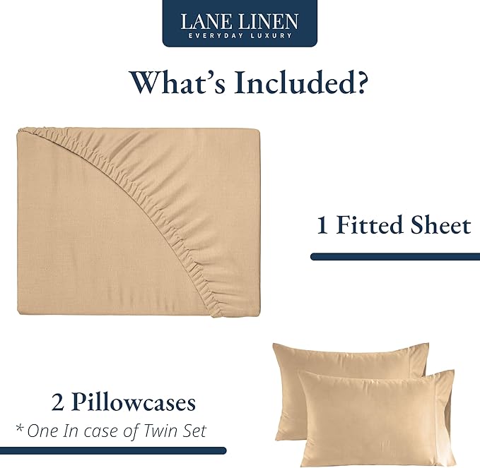 LANE LINEN Queen Fitted Sheet & 2 Pillowcases, 100% Organic Cotton, Percale Weave, Soft & Breathable, Fits Mattress Up to 15" Deep - Linen (No Flat Sheet)