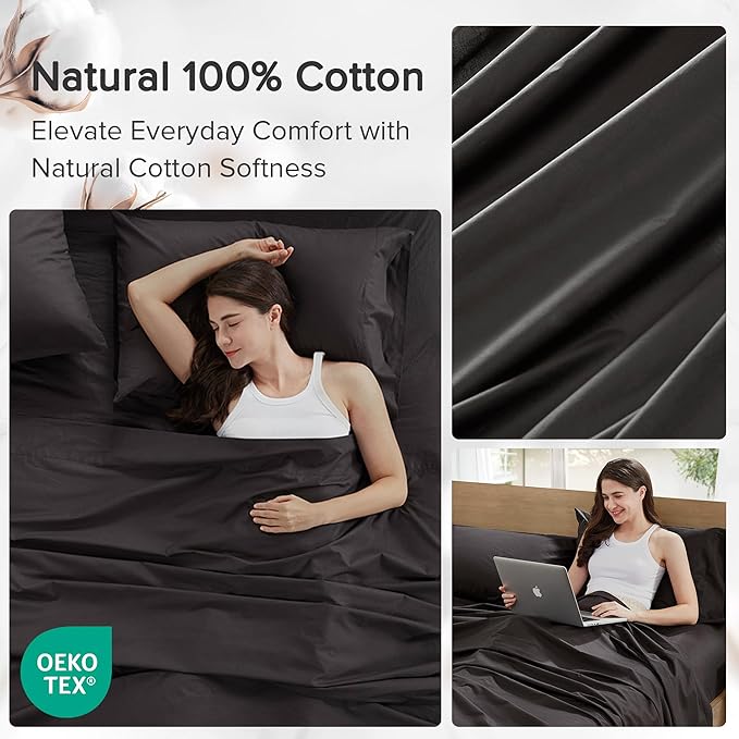 Comfort Spaces 100% Cotton Sheets Twin, Breathable & Ultra Soft Cotton Sheets, Naturally Cool Cotton Bed Sheets with 12" Elastic Pocket Fits up to 14" Mattress, All Season Sheet Set, Black, 3 Piece