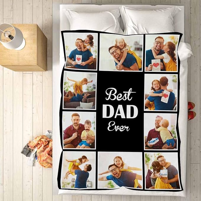 Custom Blankets with Photos, 10 Photos Customized, Best Dad Ever Blanket Gifts for Father's Day, Customized for Dad, 8 Sizes