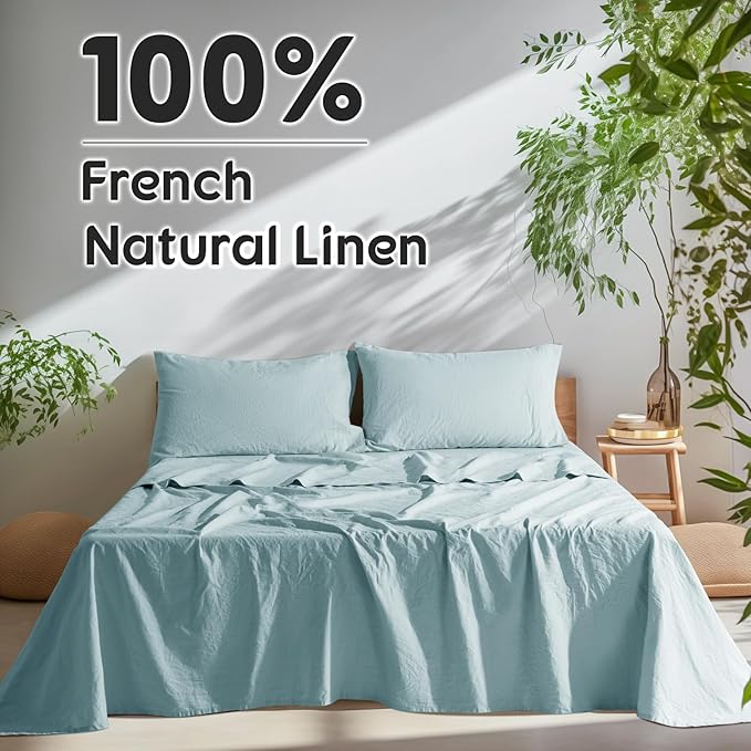 SONORO KATE 100% French Pure Linen Sheets, Breathable and Durable Linen King Size Sheets, Anti-Tear Linen Bed Sheets, Machine Washable, 16 Inch Deep Pocket - 4 Piece (Ocean, King)