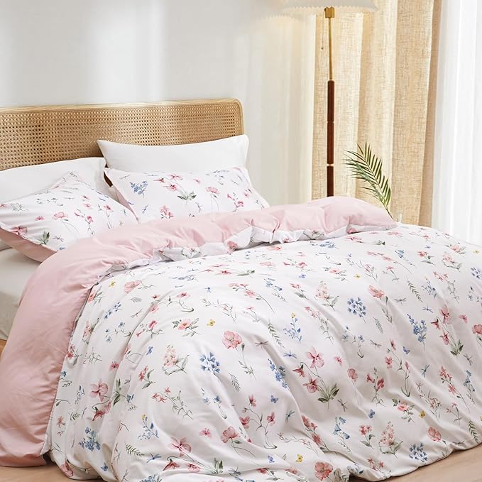 PHF Ultra Soft Floral Duvet Cover King Size, Printed Garden Bedding Set 3 Pieces, Comfy Durable Farmhouse Duvet Cover Set with 2 Pillow Shams, Zipper Closure and 8 Ties, 104"x90", White & Pink