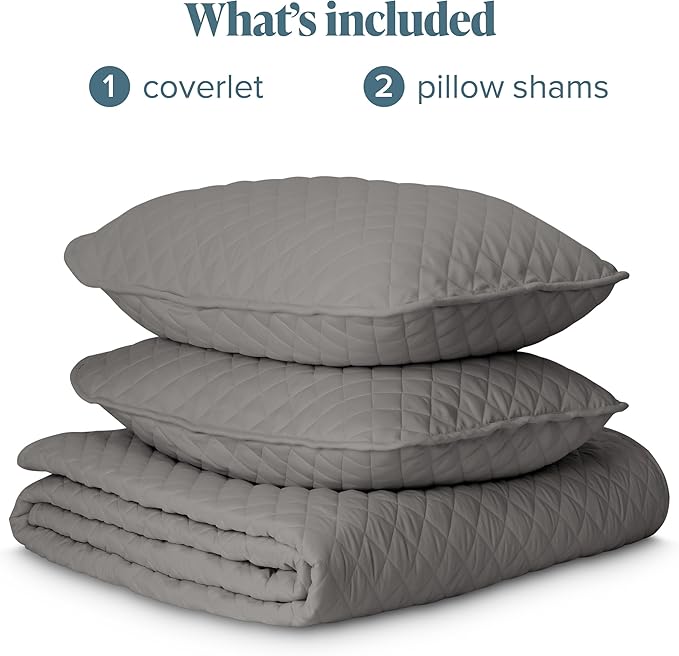 Bare Home Coverlet Set - Full/Queen - Lightweight Bed Decor - Comforter Alternative - All-Season Quilted Bedspread (Full/Queen, Grey)