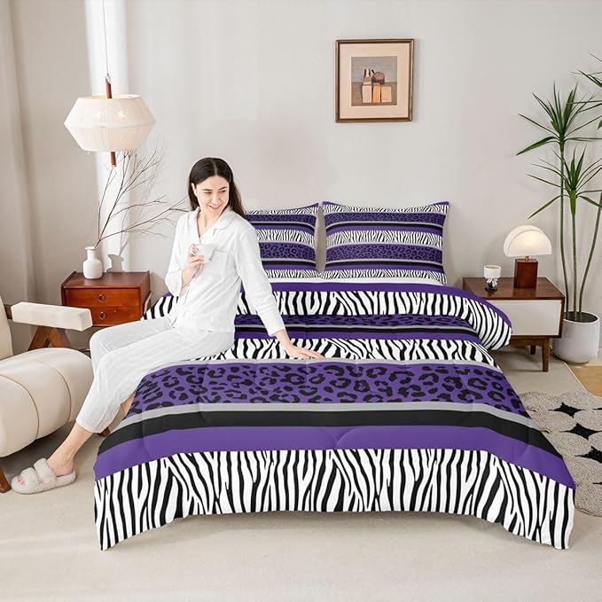 Feelyou Leopard Print Comforter Set Zebra Stripes Bedding Set for Kids Boys Girls Teens Purple Black White Zebra Leopard Fur Comforter Safari Animal Hair Duvet Set Room Decor Quilt Twin Size Boys