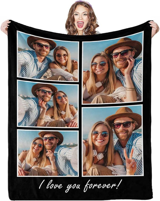 Personalized Picture Collage Blanket, 5 Photos Custom Blanket Personalized Photo Blanket Customized Couple Gifts for Girlfriend Boyfriend Wife Husband, 8 Sizes