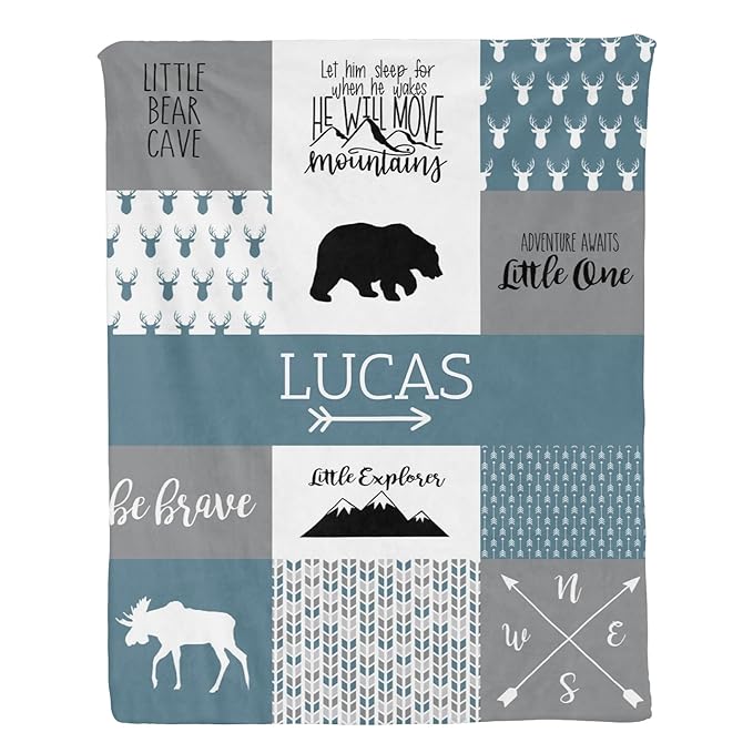 Personalized Baby Blanket for Boys Super Soft Double Layer with Dotted Backing, Lovely Woodland Animal Design Blanket for Toddler Newborn, Polyester, Bell Blue, 35 x 45 Inch