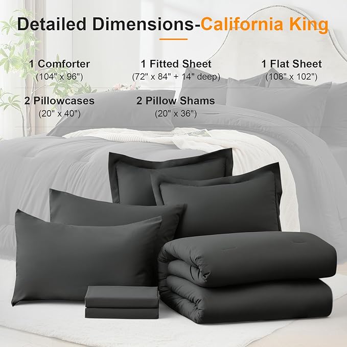 California King Comforter Set 7 Pieces - Ultra-Soft Bed in a Bag, Cozy Luxury All Season Bedding Sets with Comforter, Flat Sheet, Fitted Sheet, 2 Pillow Shams & 2 Pillowcases, Dark Gray