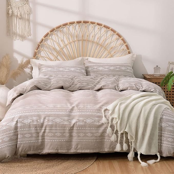 Lekesky Duvet Cover Queen Size, Soft Microfiber Boho Aztec Duvet Cover Set Geometric Khaki Queen Bedding Duvet Cover Sets with Zipper Closure Corner Ties (No Comforter)