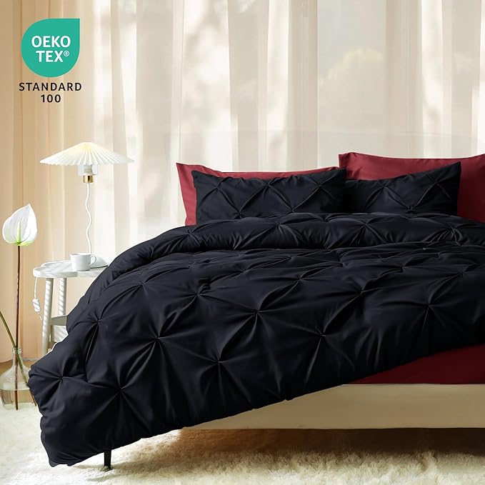 JOLLYVOGUE Queen Comforter Set 7 Pieces - Bed in a Bag Queen for All Season, Pintuck Bedding Comforter Sets with Comforter, Flat Sheet, Fitted Sheet and Pillowcases & Shams, Black & Burgundy