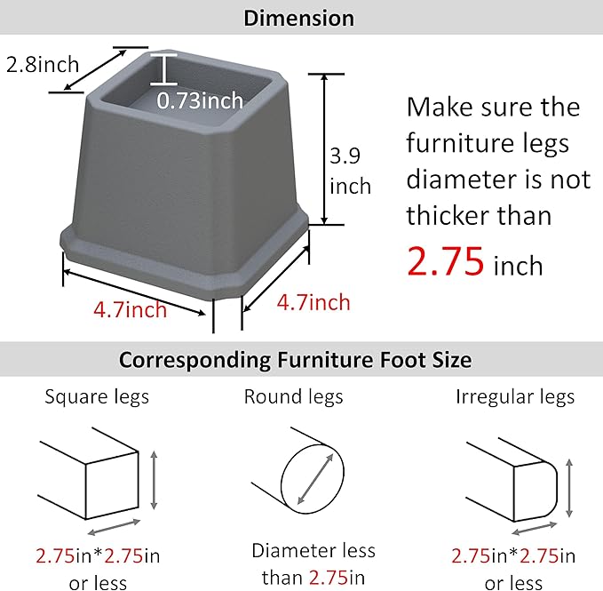 Bed Risers 3 Inch Set of 9, Heavy Duty Bed Elevators Risers for Bed Frame 9 Pack Lifts Up 3000 lbs Sofa Table Furniture Riser, Grey