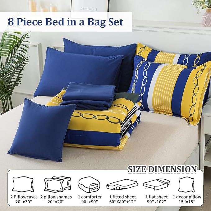 8 Pieces Bed in a Bag Stripe Comforter Set King Size,Patchwork Striped Comforter with Sheets Set Soft Microfiber Boho Bedding Sets (Blue Yellow)