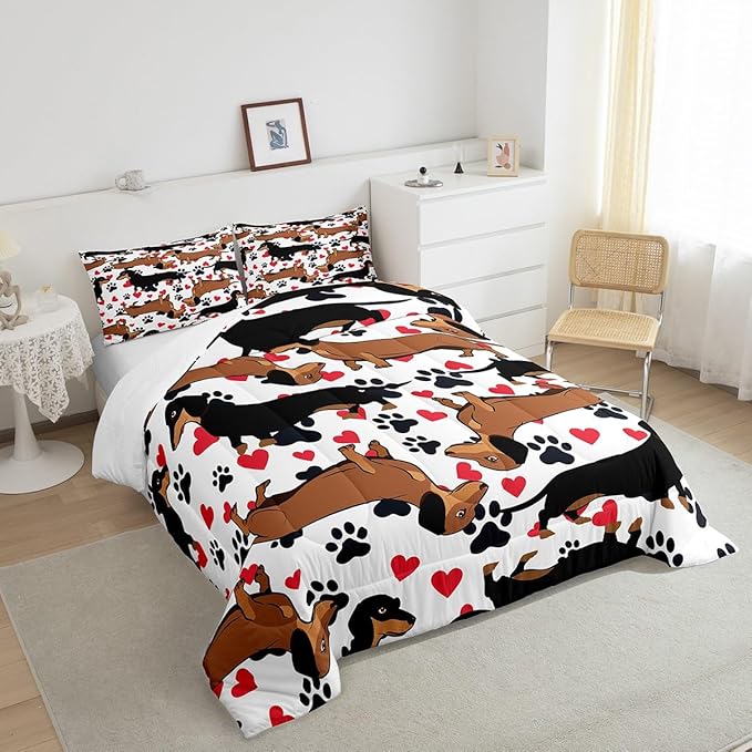 Feelyou Dachshund Bedding Set for Girls Boys Kids Sausage Dog Comforter Lovely Red Love Hearts Animal Paw Comforter Set Room Decor Cute Pet Dog Duvet Set Full Size Bedspreads Coverlet Sets 3Pcs Boys