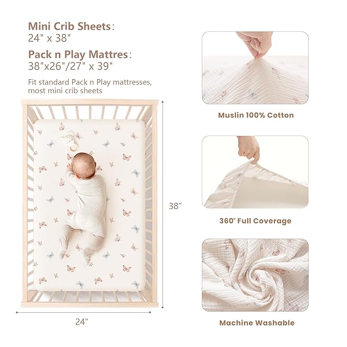 Konssy Muslin Mini Crib Sheets, 100% Soft Cotton Pack and Play Sheets for Pack N Play Mattress, Playard Baby Crib Sheets for Baby Girls(Taupe,Butterfly Dreams)