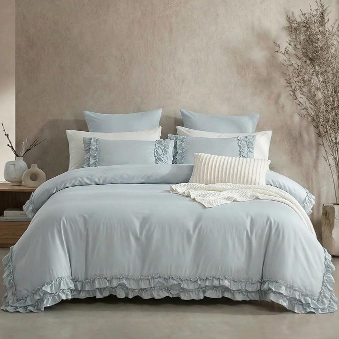 Bedrom Ruffled King Duvet Cover Set Blue Grey Bedding Set Shabby Chic Light Gray Boho Bedding Super Soft Lightweight Farmhouse Ruffle Duvet Cover Set for All Season