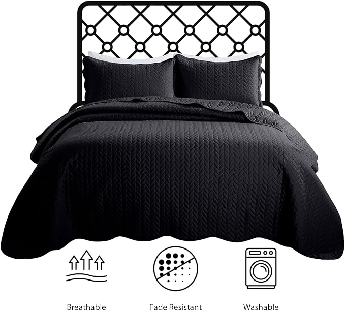 MOONLIGHT20015 Twin Quilt Bedding Set (68” x 86”) - Bulk Pack of 10 Wholesale for Hotels, Guest Bedroom & Airbnbs - Lightweight Microfiber Reversible Embossed Quilts Bedspreads (Black)