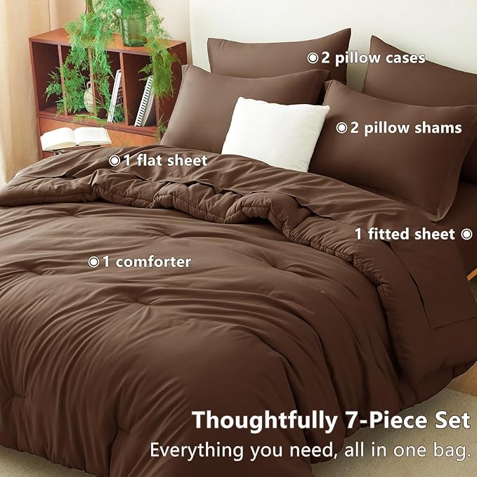 CozyLux Queen Comforter Set Brown, 7 Pieces Bed in a Bag Queen Size Comforter Set with Sheets, Bedding Sets with Down Alternative Comforter, Fitted Sheets, Flat Sheets, Pillow Shams and Pillowcases