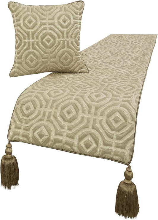 The HomeCentric King/Queen/Twin Beige Designer Queen 74"x18" Bed Runner with Pillow Cover, Textured Bed Scarf on Silk Fabric - Hexagonal Norma