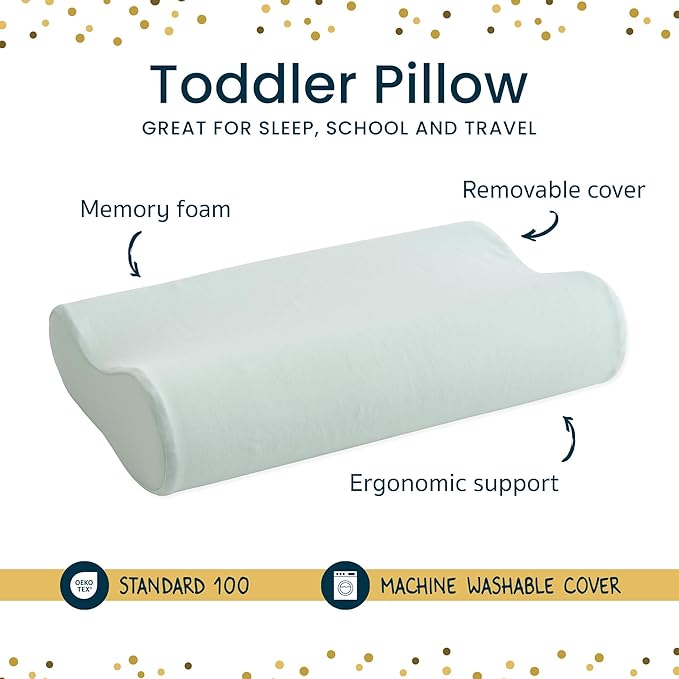 Tiny Twinkle Toddler Pillow with Fitted Pillowcase | Ergonomic Shape with Resilient, Cloud-Like Memory Foam for Comfortable Sleeping | Kids Travel Pillows (Sage Checkers)