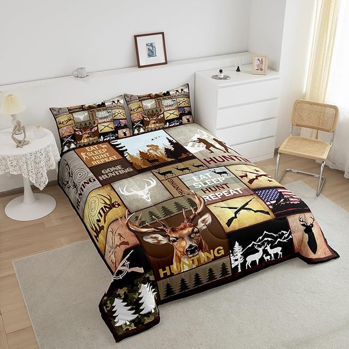 Feelyou Kids Hunting Bedding Set Queen Size, Deer Hunting Comforter Set Boys Girls Deer Antlers Comforter Hunting Gifts Duvet Insert Kids Room Decor with 2 Pillow Case
