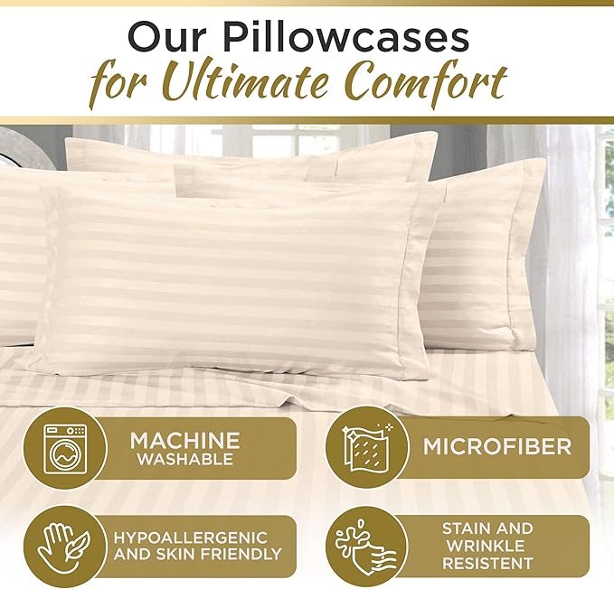 Twin XL 100% Microfiber Double Brushed Sheet Set - Extra-Soft & Wrinkle-Free - 15" Deep Pockets, 39" x 80" - Ideal for Dorms, Hospitals & Split King Beds - 3 PC Set (Twin XL, Damask Ivory Stripe)