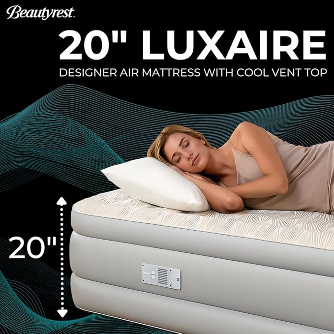 Beautyrest Luxaire, Full Size Luxury Air Mattress, 20 Inch Height with Cool Vent Top, Smart Auto Shut-Off Pump, Puncture Resistant Ever Firm Fabric with Edge Support