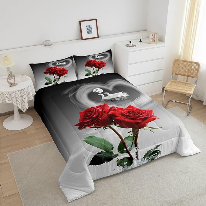 Feelyou Red Rose Bedding Set Swans Couple Comforter Romantic Rose Floral Comforter Set for Men Women Lover Valentine's Day Down Alternative Comforter for All Season Ultra Soft Room Decor King Size