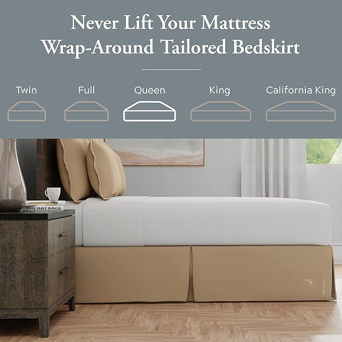Bed Maker’s Never Lift Your Mattress Wrap Around Bed Skirt, Classic Style, Low Maintenance Wrinkle Resistant Fabric, Traditional 14 Inch Drop Length, Queen, Mocha