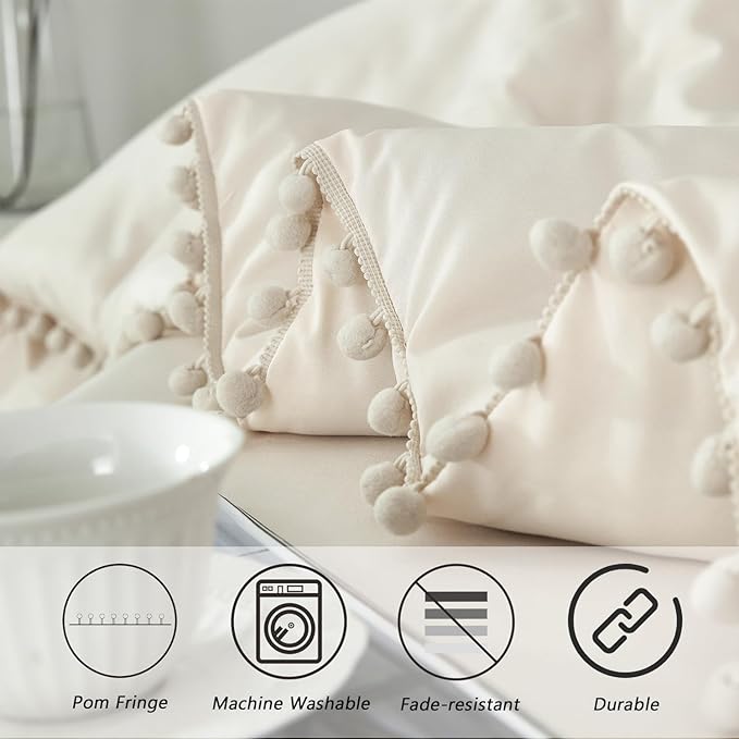 PERFEMET Queen Bed in A Bag Beige 5 Pieces Pom Pom Solid Bedding Set with Sheets Aesthetic Boho Cream Bedspread Comforter Set Soft Lightweight Fluffy Bed Set for All Season(Beige Cream, Queen)