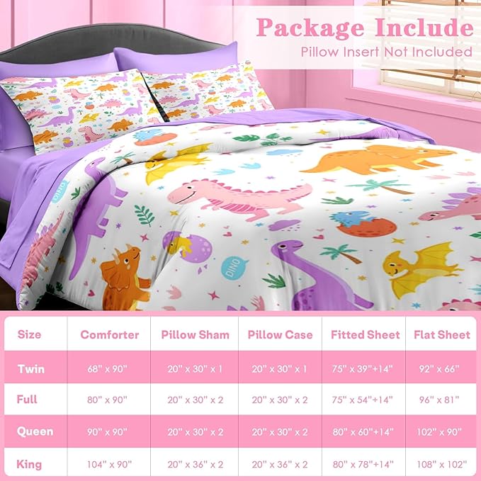 Comforter Set Full Size, Cute Dinosaur 7 Pcs Bedding for Kids and Adults, Love Rainbow Happy Bed Sheet Sets with Fitted Sheet 2 Pillowcase & 2 Sham for Bedroom Bed Decor