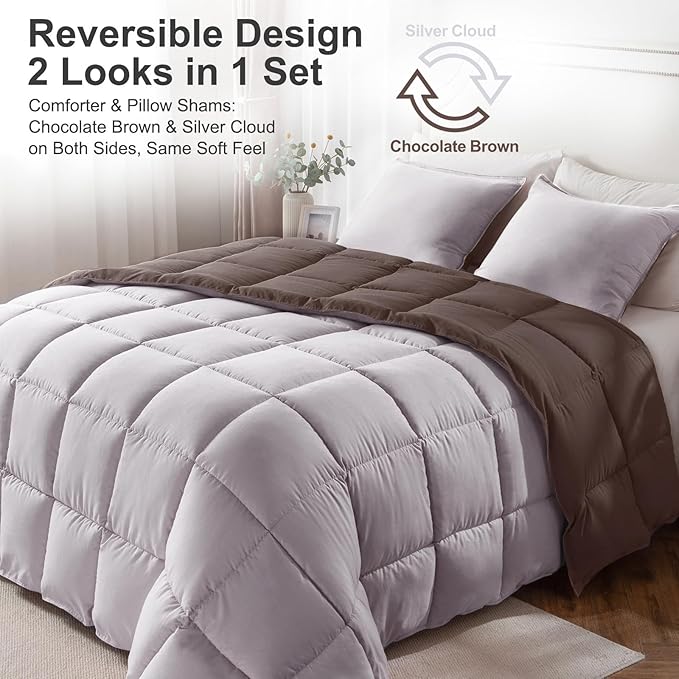 KASENTEX Twin/Twin XL Comforter Set – Reversible Dual Color – Goose Down Alternative – Ultra-Soft, Lightweight, Machine Washable, Maintain Fluffiness, All Season Warmth (Silver Cloud/Chocolate Brown)