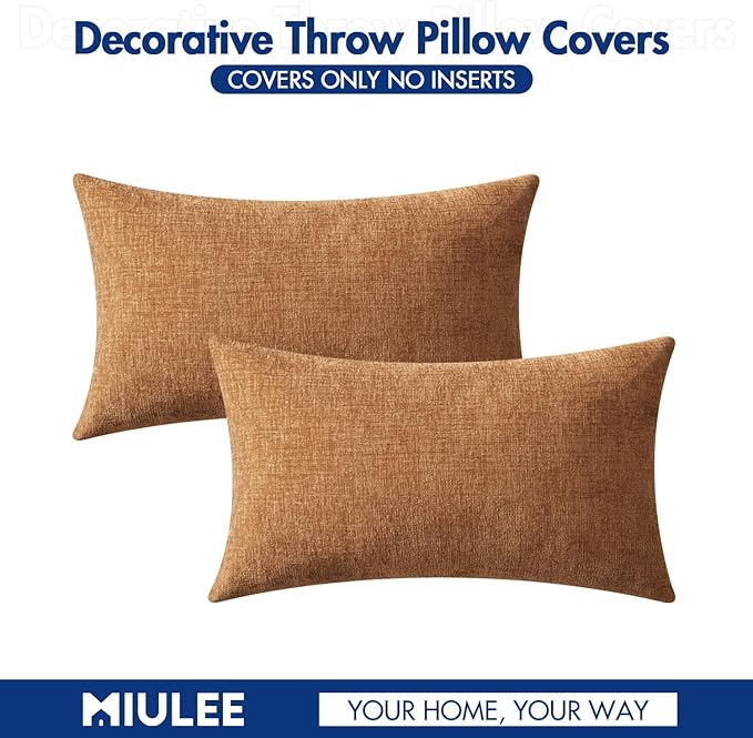 MIULEE Pack of 2 Brown Throw Pillow Covers 12x20 Inch Soft Chenille Lumbar Pillow Covers for Sofa Living Room Couch Solid Dyed Cases