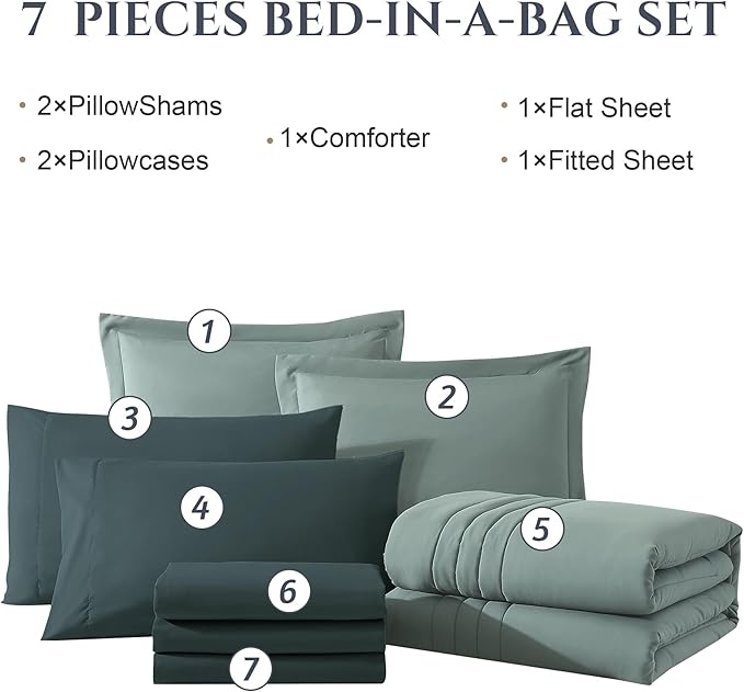 Monbix Oversized Queen Comforter Set - 7 Pieces Sage Green Bed in a Bag Oversized Queen Bedding Sets with Comforters, All Seasons Comforter Bed Set with Sheets, Pillowcases & Shams