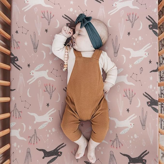 GRSSDER Stretchy Ultra Soft Jersey Knit Fitted Crib Sheets Set 2 Pack, Cozy Crib Sheet Girl Fits All Standard Crib Mattress Pads, Cute Foxes and Rabbits Print