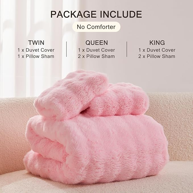 EMME Faux Fur Duvet Cover Queen Size, 3 Pieces Ultra Soft Fluffy Comforter Cover, Cozy Warm for Winter, Luxury Elegant Shaggy Bubble Design Bedding, 1 Duvet Cover & 2 Pillow Shams (Queen, Pink)