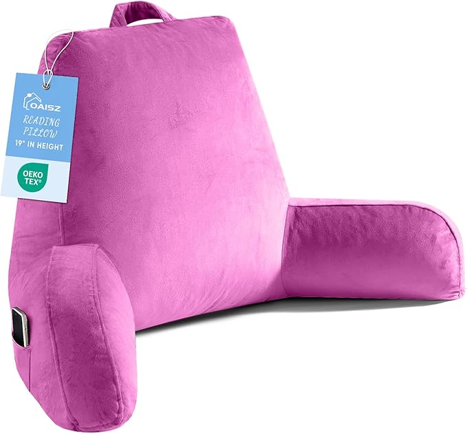 Reading Pillow for Sitting in Bed Adult, X-Large Reading Pillow with Shredded Memory Foam, Back Pillow for Sitting Up with Extend Arms, Pockets, Bed Pillow with Washable Cover, Rose Red
