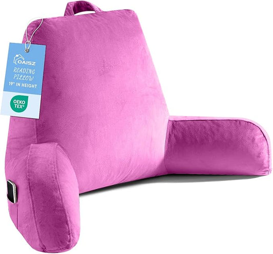 Reading Pillow for Sitting in Bed Adult, X-Large Reading Pillow with Shredded Memory Foam, Back Pillow for Sitting Up with Extend Arms, Pockets, Bed Pillow with Washable Cover, Rose Red