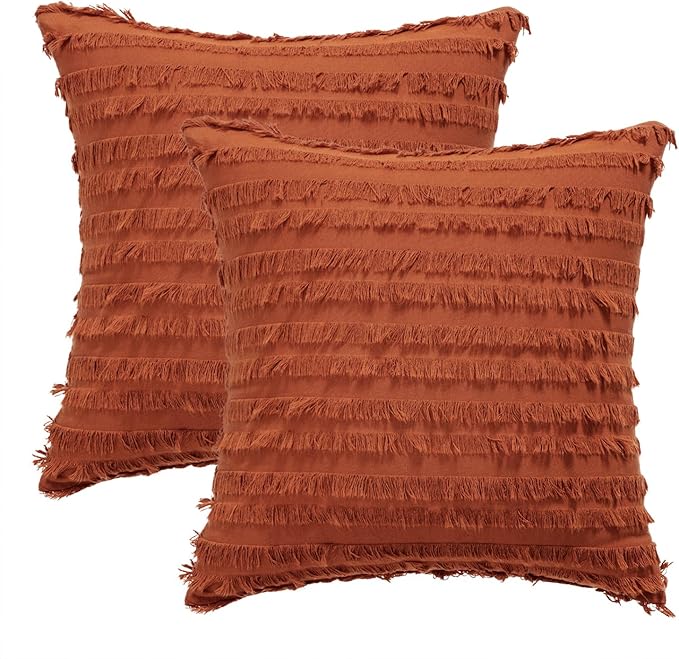 MIULEE Set of 2 Fall Decorative Boho Throw Pillow Covers Linen Striped Jacquard Pattern Cushion Covers for Sofa Couch Living Room Bedroom 18x18 Inch Rust